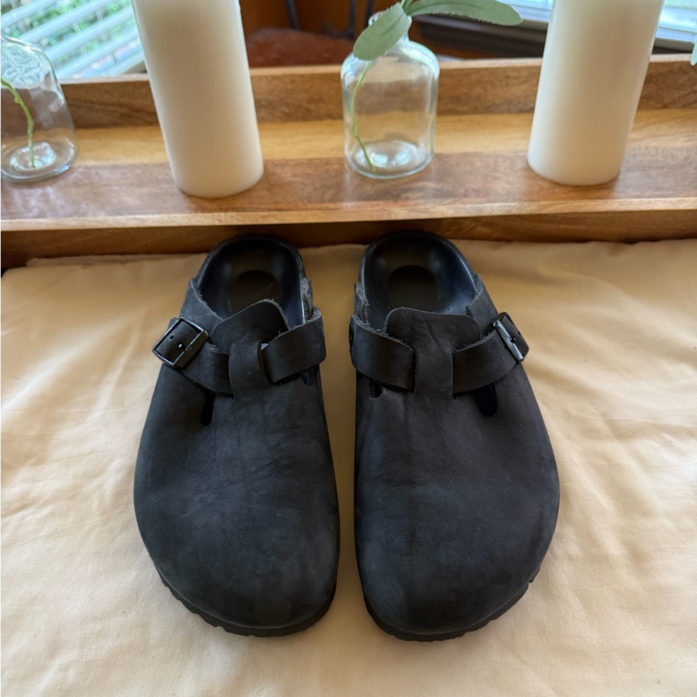 Birkenstock Leather Black Suede Boston Clogs Size 38 Used